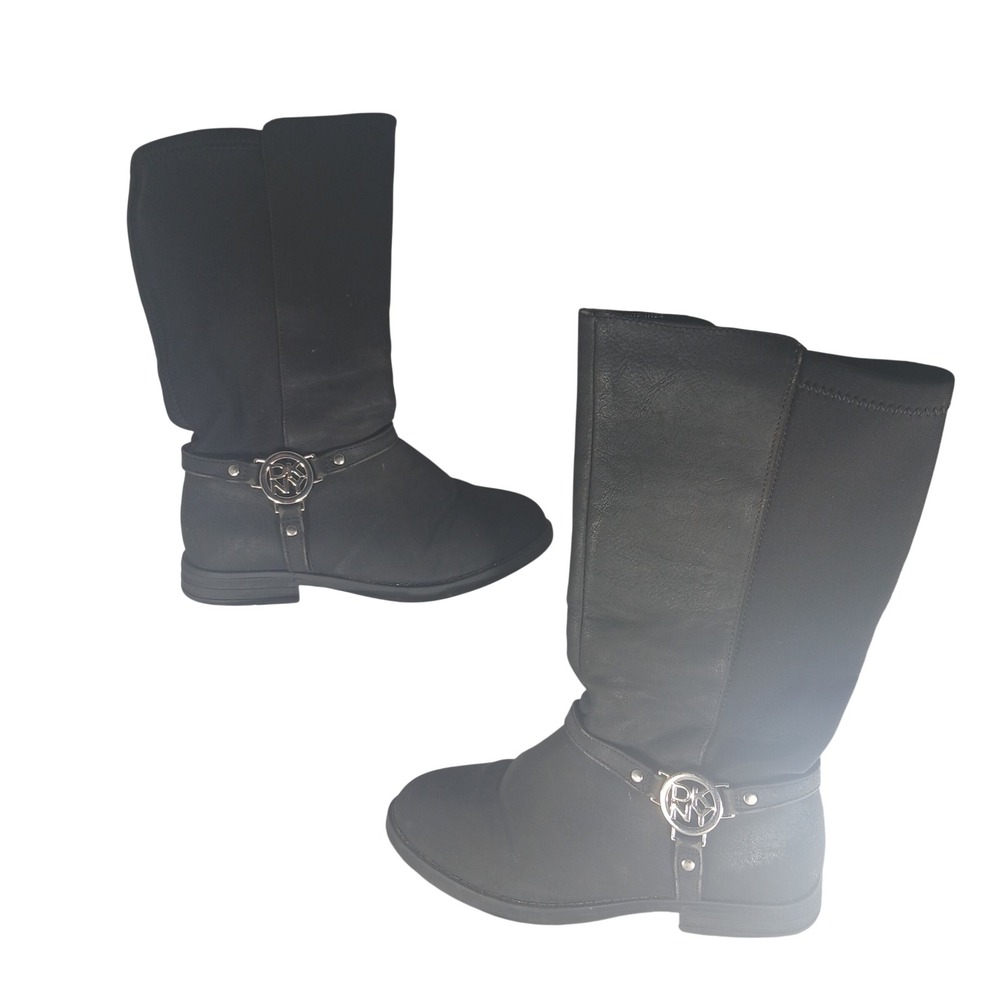 DKNY Girls Black Tall Riding Boots Side Zip Logo Harness Size 1 US/12.5 UK